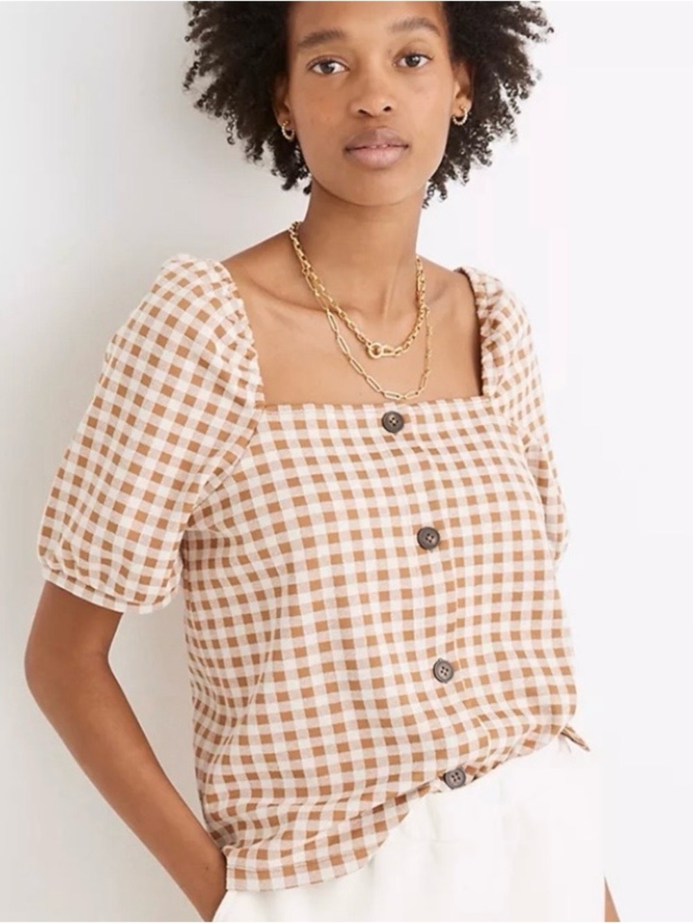 Madewell Gingham Jacquard Square-Neck Puff Sleeve Button Blouse Brown Milkmaid L